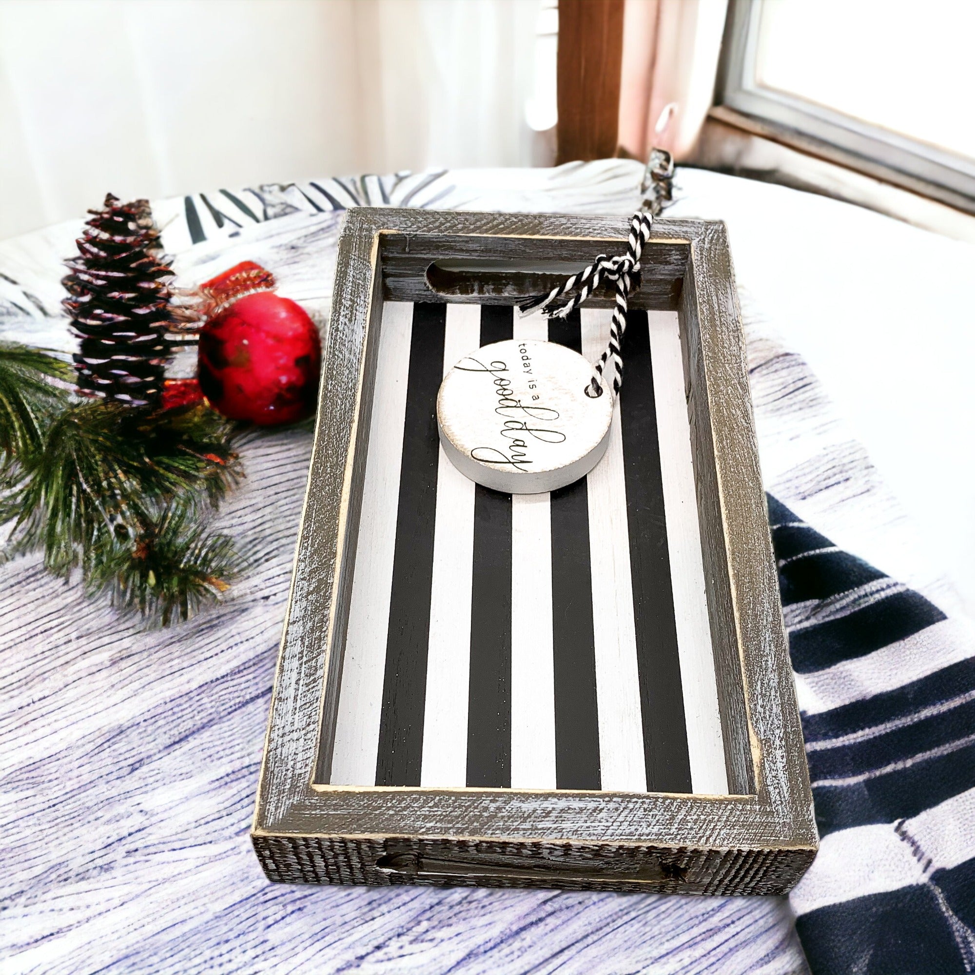 Farmhouse Modern Wooden Tray Black White Striped Decorative Serving Tray 10 x 6 x 1.5 Inch BandsCo Straps