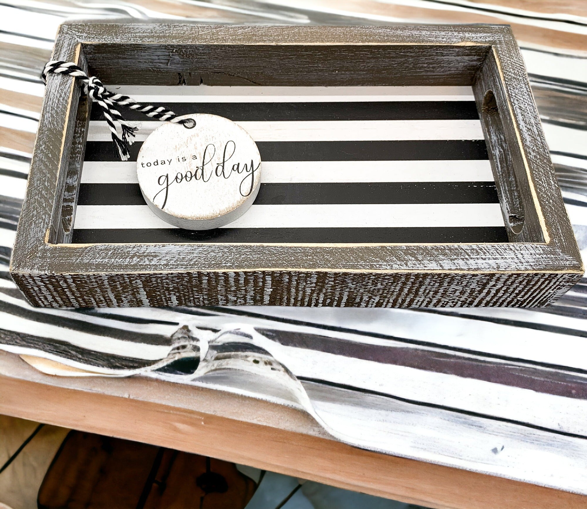 Farmhouse Modern Wooden Tray Black White Striped Decorative Serving Tray 10 x 6 x 1.5 Inch BandsCo Straps