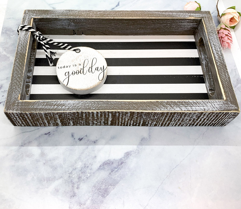 Farmhouse Modern Wooden Tray Black White Striped Decorative Serving Tray 10 x 6 x 1.5 Inch BandsCo Straps