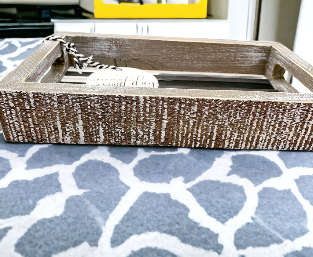Farmhouse Modern Wooden Tray Black White Striped Decorative Serving Tray 10 x 6 x 1.5 Inch BandsCo Straps