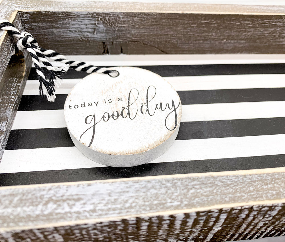 Farmhouse Modern Wooden Tray Black White Striped Decorative Serving Tray 10 x 6 x 1.5 Inch BandsCo Straps