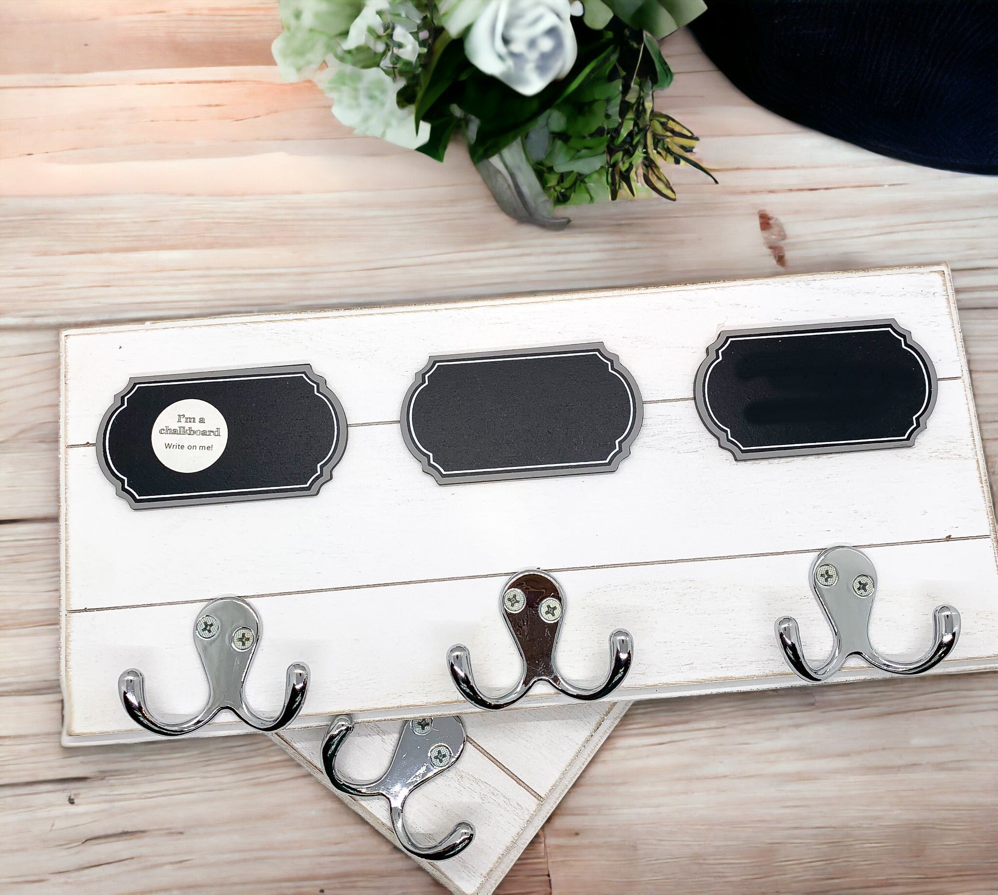 Chalkboard Wood Coat Hanger - Triple Hook Board With 3 Chalk Labels 15x6.75 BandsCo Straps
