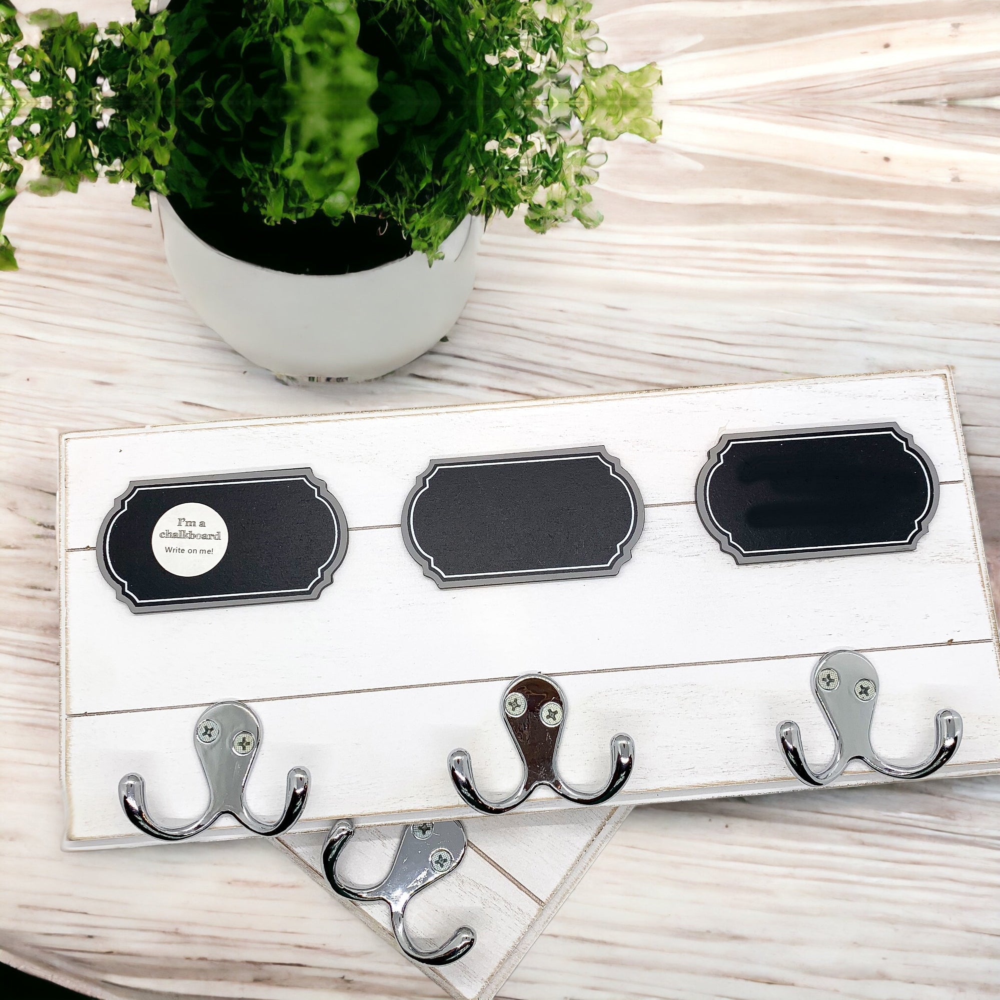 Chalkboard Wood Coat Hanger - Triple Hook Board With 3 Chalk Labels 15x6.75 BandsCo Straps