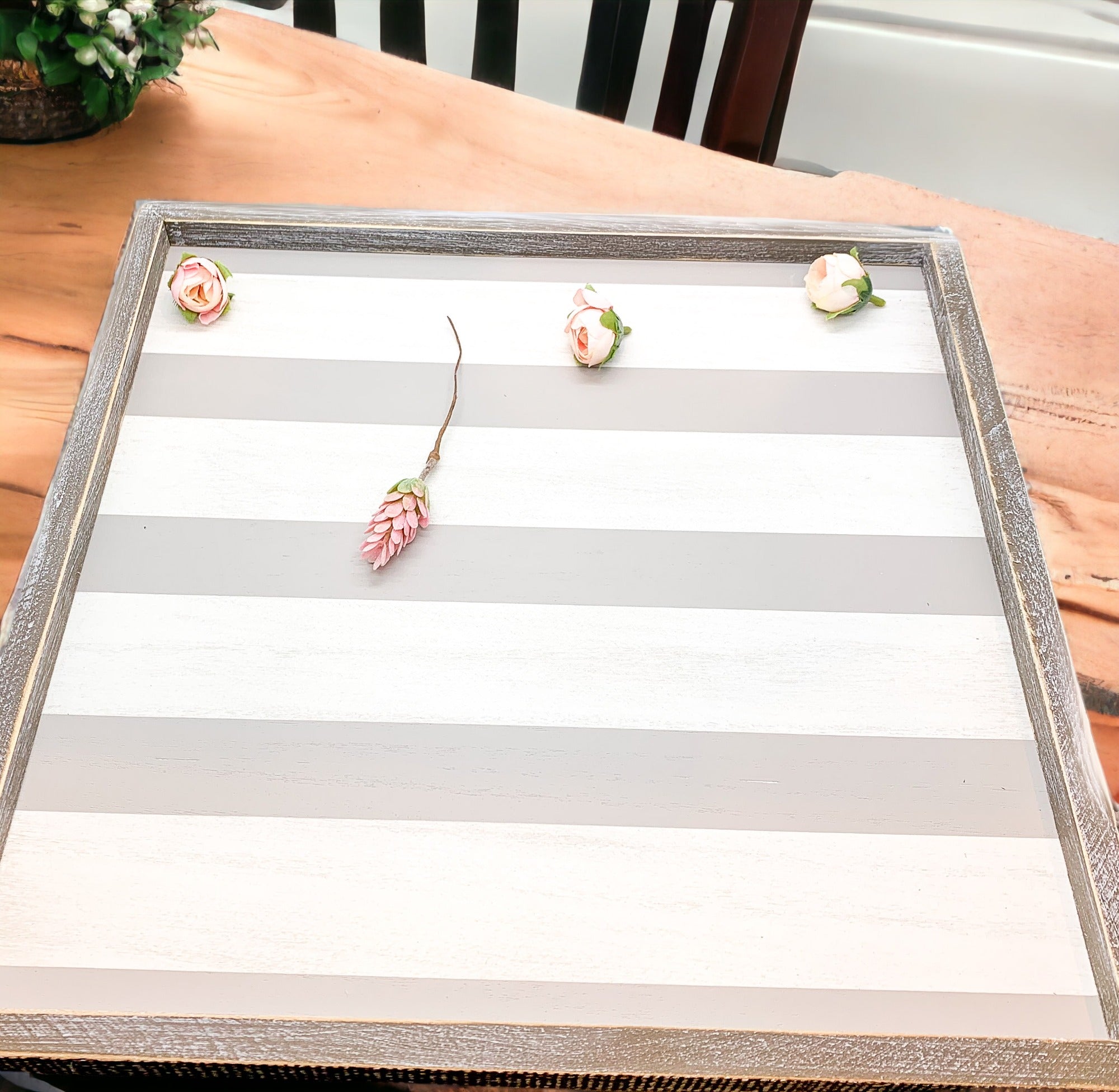 Gray White Striped Wooden Charger Tray 15x15x0.5 Inch Decorative Serving Tray Minimalist Home BandsCo Straps