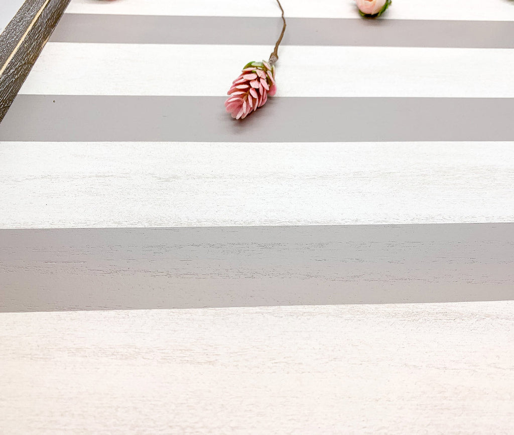 Gray White Striped Wooden Charger Tray 15x15x0.5 Inch Decorative Serving Tray Minimalist Home BandsCo Straps