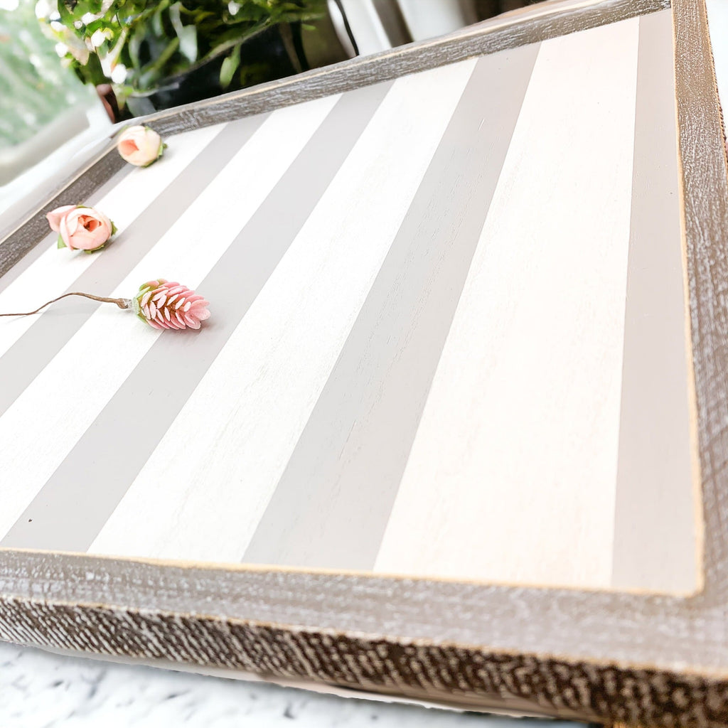 Gray White Striped Wooden Charger Tray 15x15x0.5 Inch Decorative Serving Tray Minimalist Home BandsCo Straps