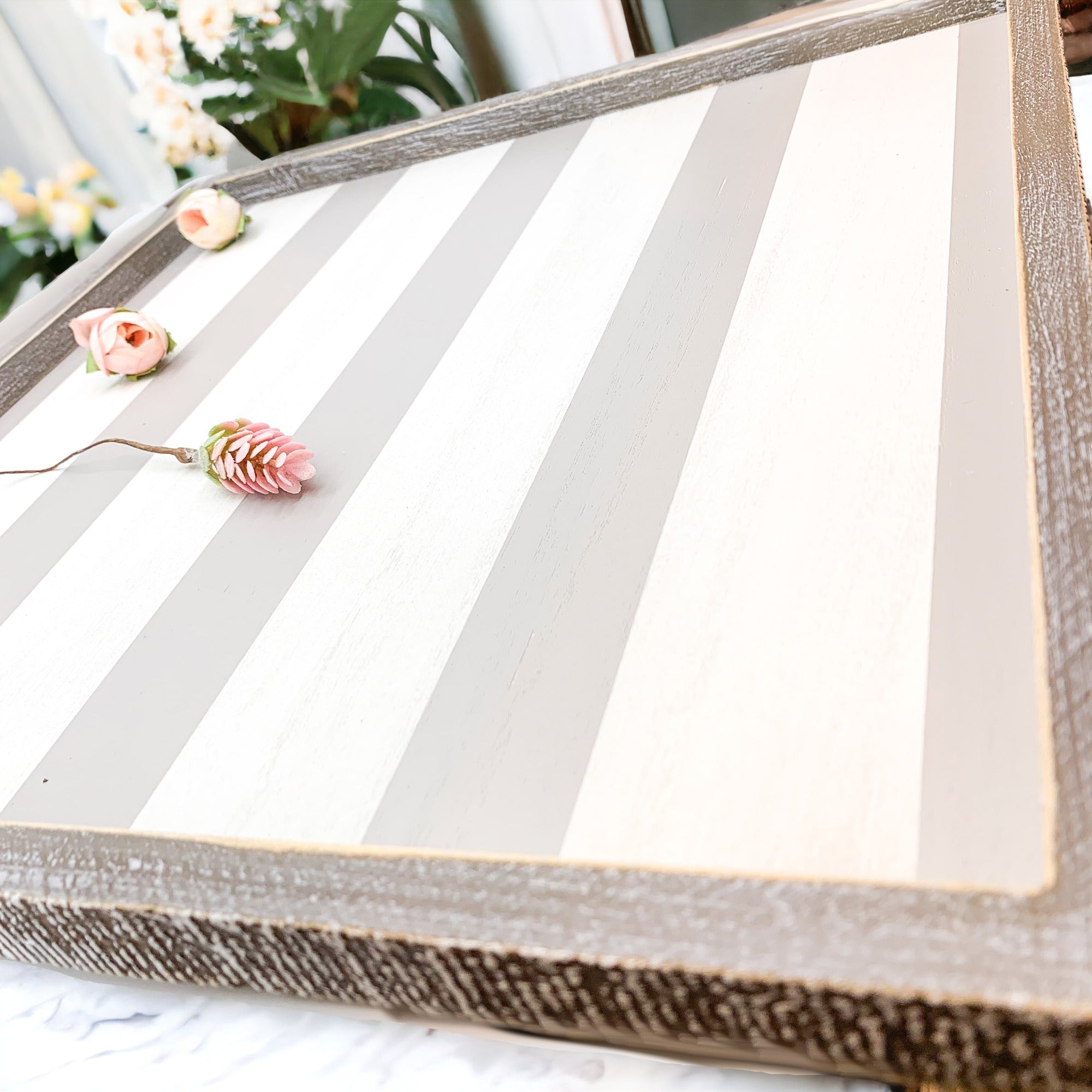 Gray White Striped Wooden Charger Tray 15x15x0.5 Inch Decorative Serving Tray Minimalist Home BandsCo Straps