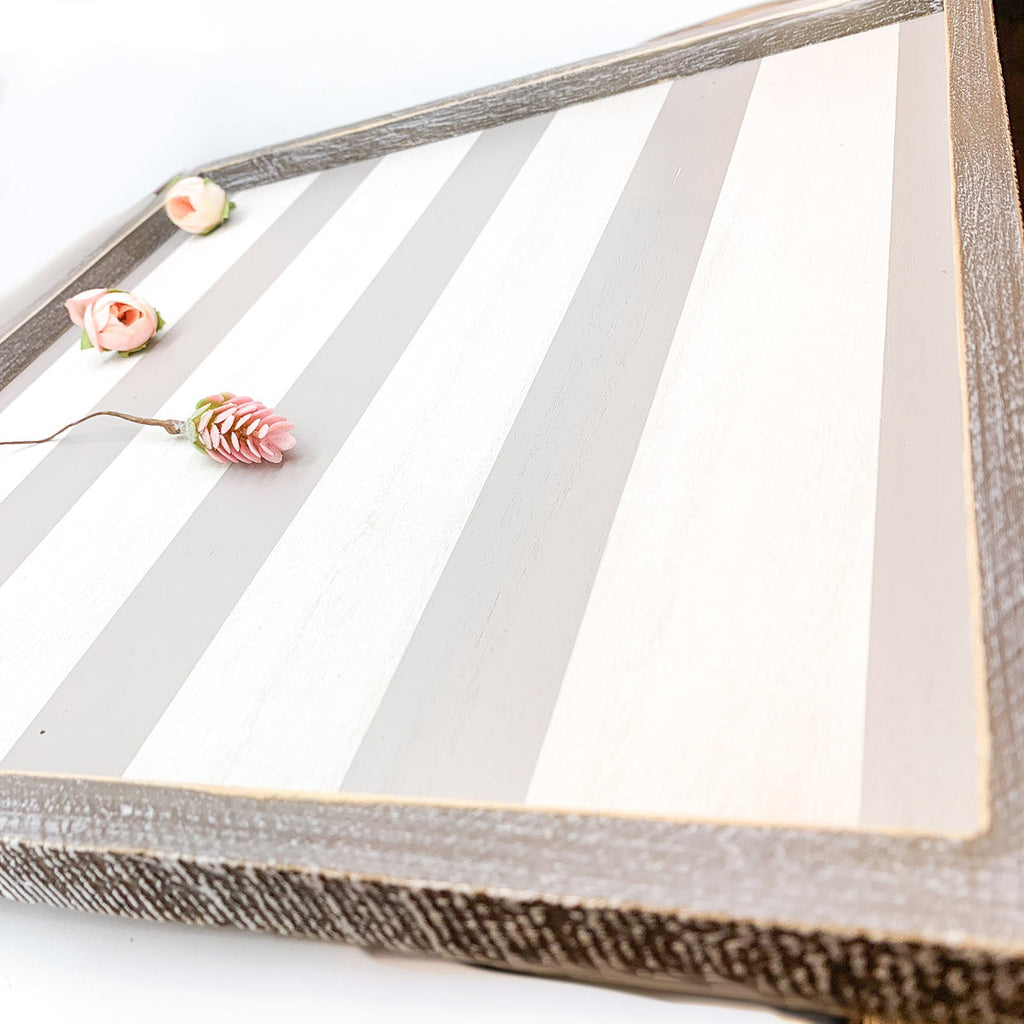 Gray White Striped Wooden Charger Tray 15x15x0.5 Inch Decorative Serving Tray Minimalist Home BandsCo Straps