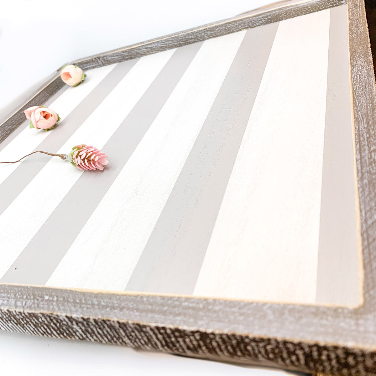 Gray White Striped Wooden Charger Tray 15x15x0.5 Inch Decorative Serving Tray Minimalist Home BandsCo Straps