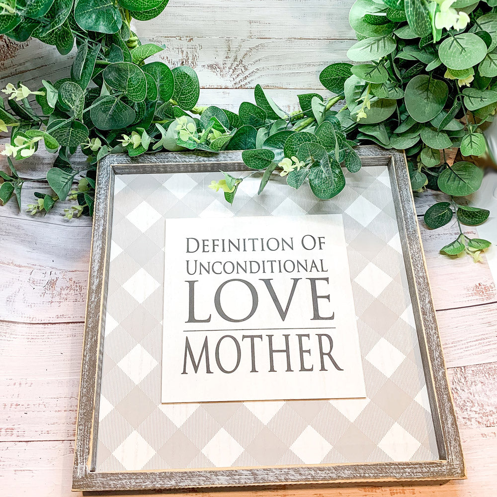 Unconditional Love Wood Sign 12x12 Framed Rustic Mother's Day Gift For Mom Definition Wall Decor BandsCo Straps