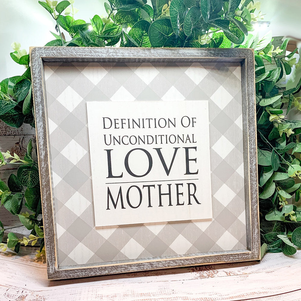 Unconditional Love Wood Sign 12x12 Framed Rustic Mother's Day Gift For Mom Definition Wall Decor BandsCo Straps
