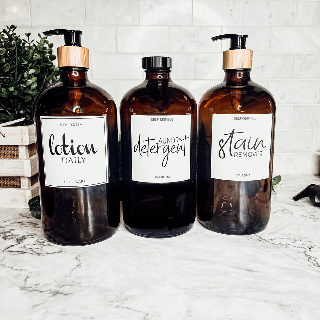 32 Oz Amber Glass Reusable Dispenser Bottle For Soap Laundry Mouthwash Refillable Pump Included BandsCo Straps
