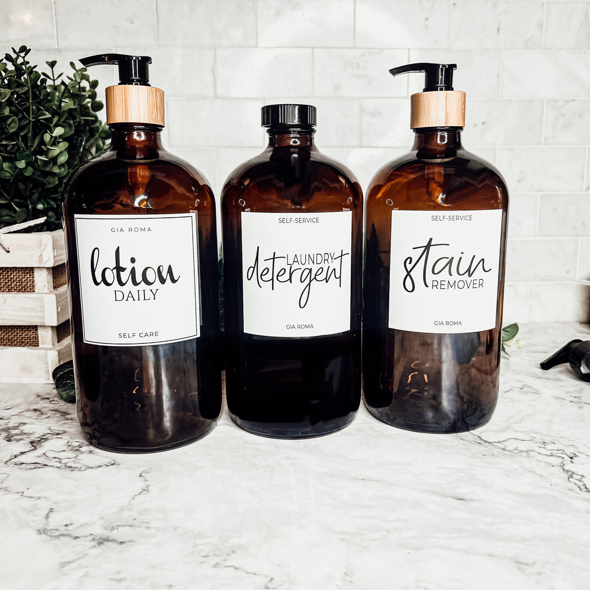 32 Oz Amber Glass Reusable Dispenser Bottle For Soap Laundry Mouthwash Refillable Pump Included BandsCo Straps