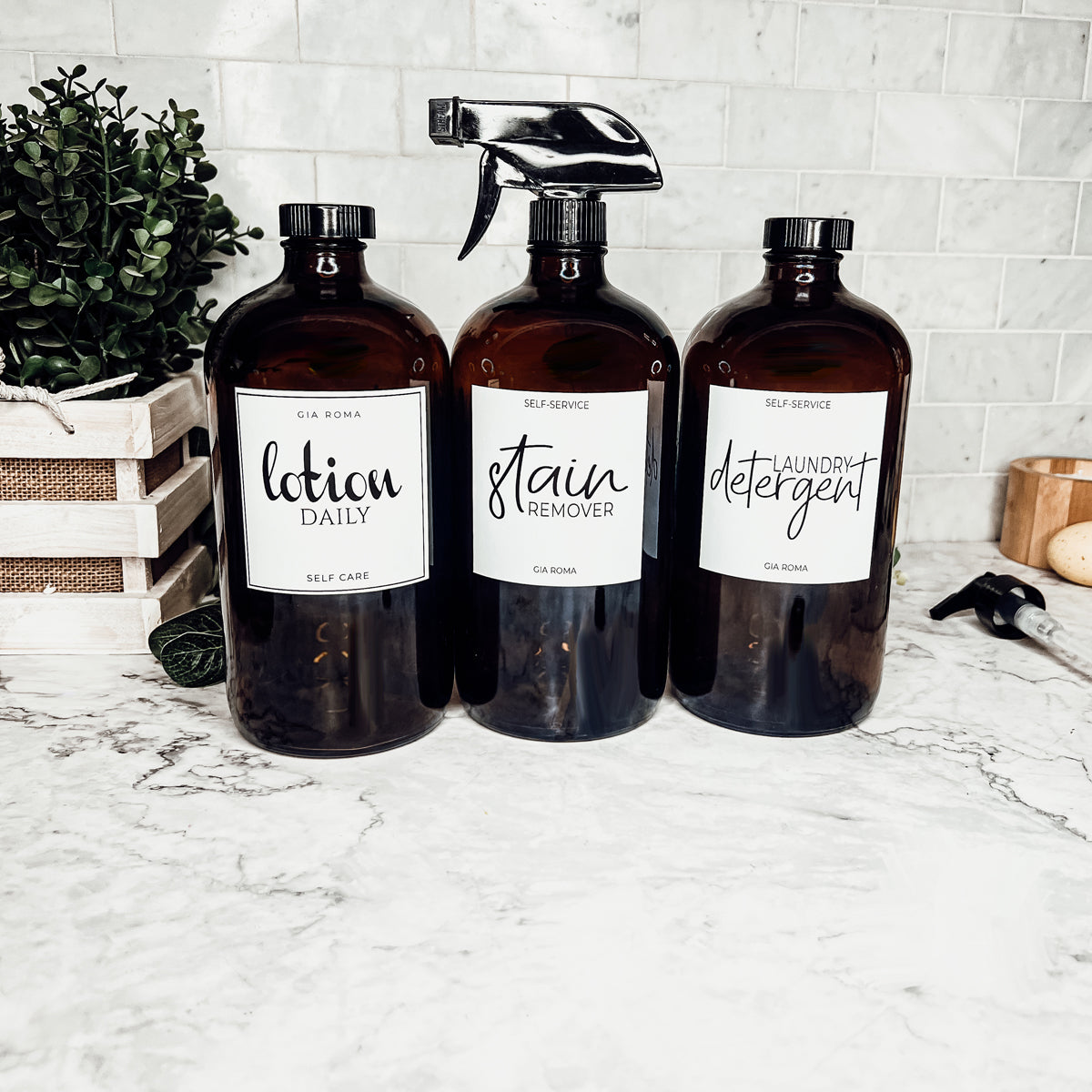 32 Oz Amber Glass Reusable Dispenser Bottle For Soap Laundry Mouthwash Refillable Pump Included BandsCo Straps