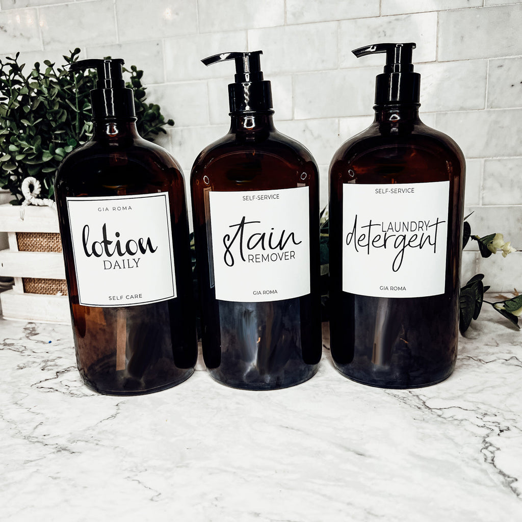 32 Oz Amber Glass Reusable Dispenser Bottle For Soap Laundry Mouthwash Refillable Pump Included BandsCo Straps