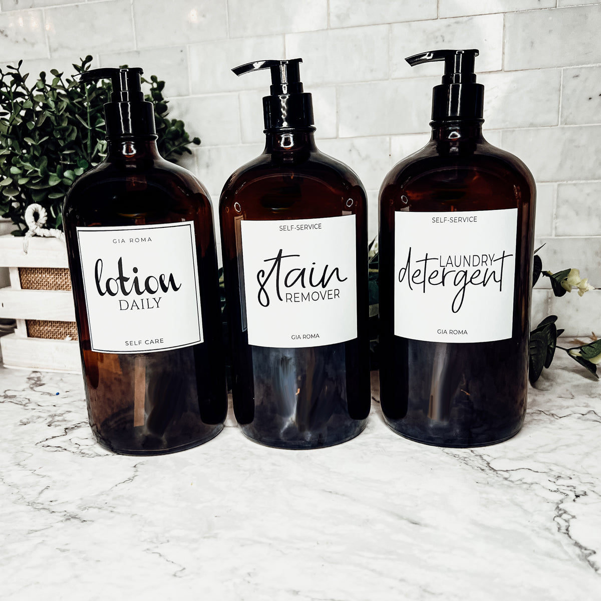 32 Oz Amber Glass Reusable Dispenser Bottle For Soap Laundry Mouthwash Refillable Pump Included BandsCo Straps