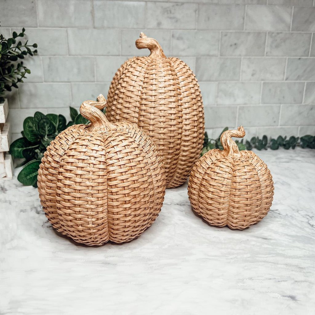 Rattan Resin Pumpkins Fall Decor - Set Or Single, 3 Sizes, Honey Cognac BandsCo Straps