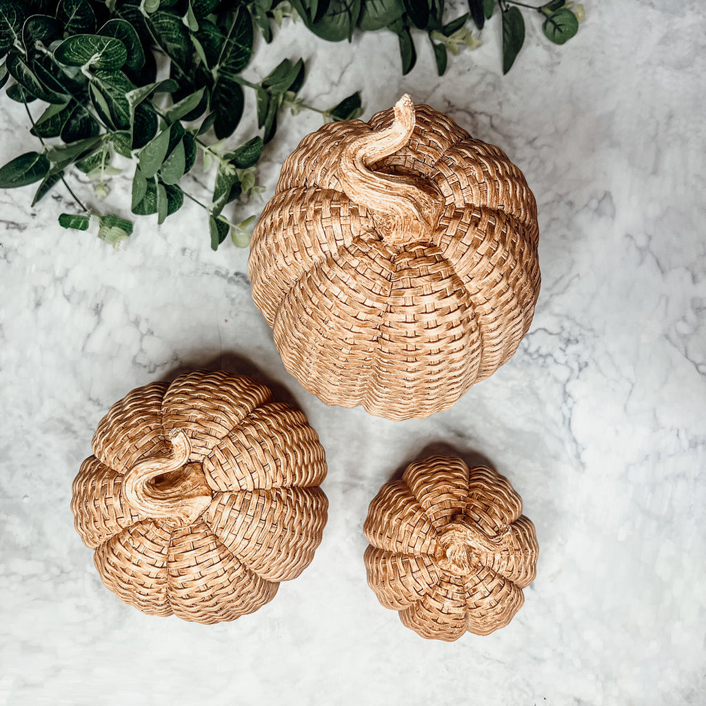 Rattan Resin Pumpkins Fall Decor - Set Or Single, 3 Sizes, Honey Cognac BandsCo Straps