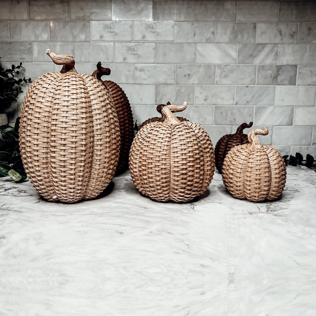 Rattan Resin Pumpkins Fall Decor - Set Or Single, 3 Sizes, Honey Cognac BandsCo Straps