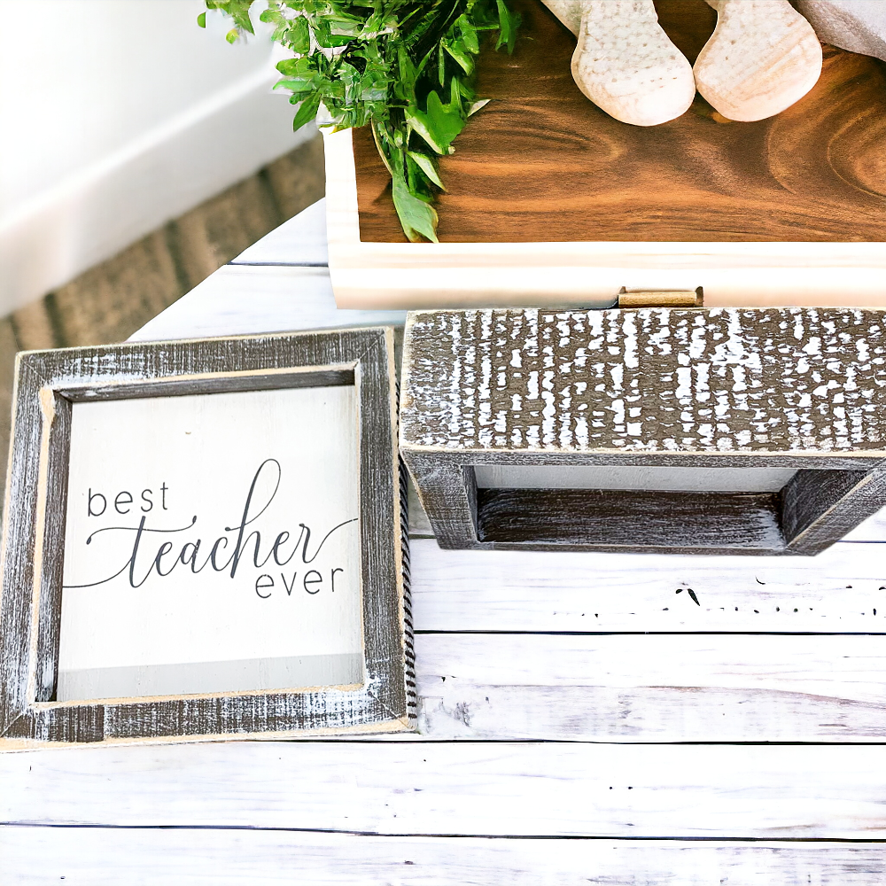 Best Teacher Ever Wooden Sign 5x5 Framed Gift For Teacher Appreciation Teacher Day Classroom Decor BandsCo Straps