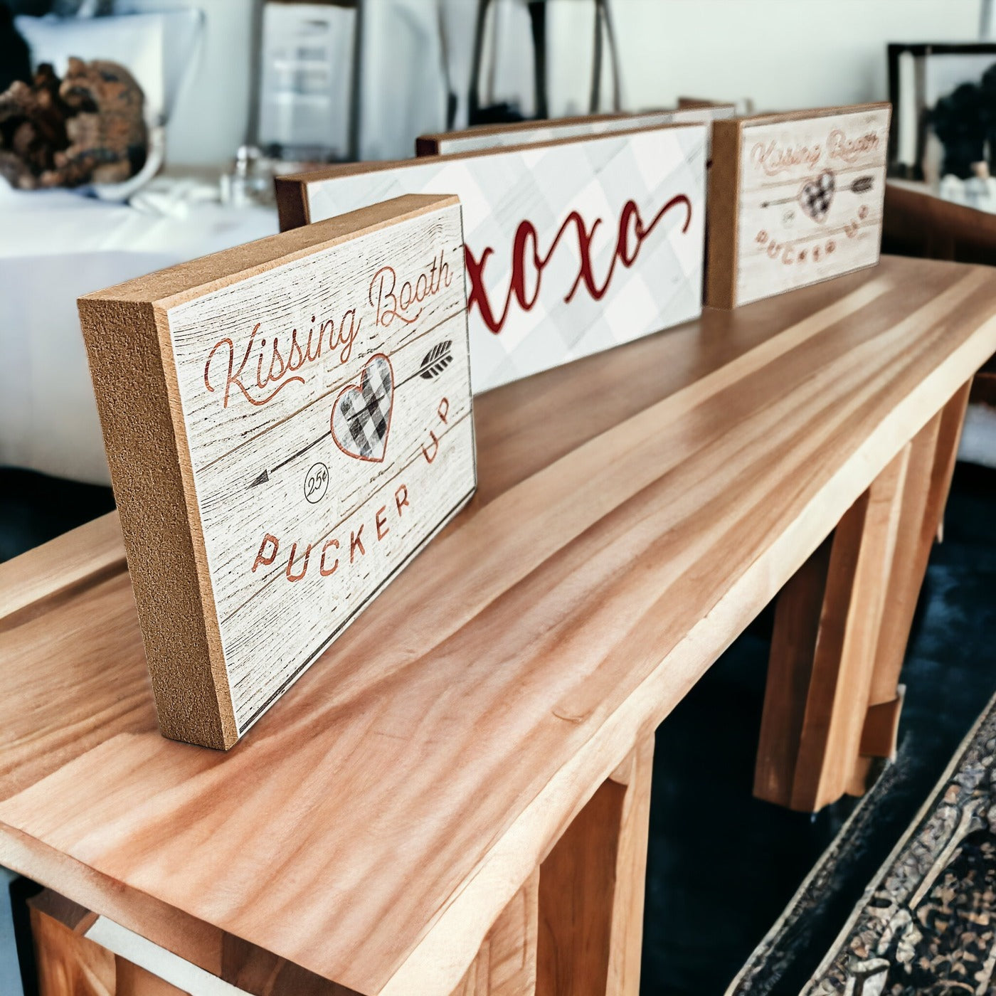 Handmade Thick Wood XOXO Sign Tabletop Shelf Mantel Valentines Decor Red Accent Rustic Home BandsCo Straps