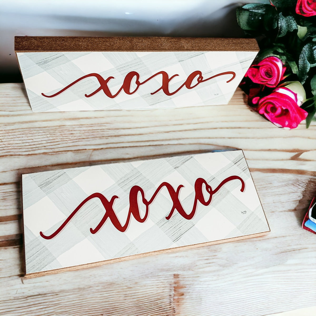 Handmade Thick Wood XOXO Sign Tabletop Shelf Mantel Valentines Decor Red Accent Rustic Home BandsCo Straps