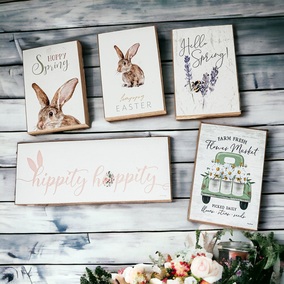Hello Spring Wooden Block Sign Rustic Farmhouse Shelf Tabletop Decor BandsCo Straps