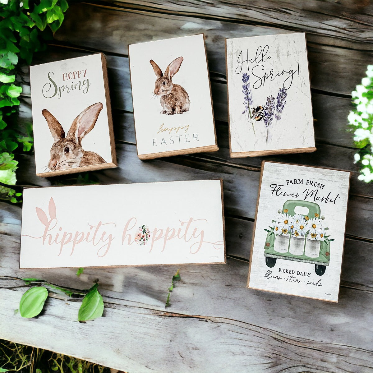 Hello Spring Wooden Block Sign Rustic Farmhouse Shelf Tabletop Decor BandsCo Straps