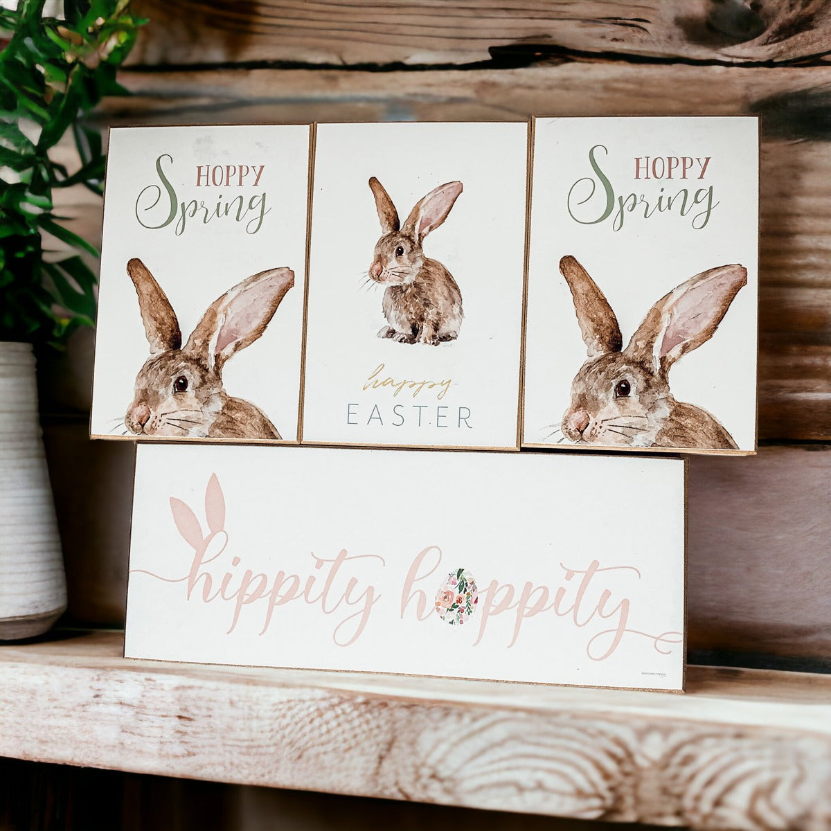 Hippity Hoppity Bunny Easter Home Decor Set Watercolor Bunny Sign Spring Mantel Rustic Farmhouse BandsCo Straps