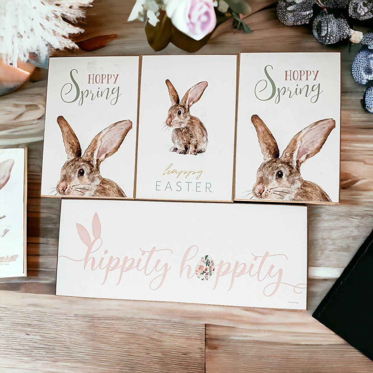 Hippity Hoppity Bunny Easter Home Decor Set Watercolor Bunny Sign Spring Mantel Rustic Farmhouse BandsCo Straps