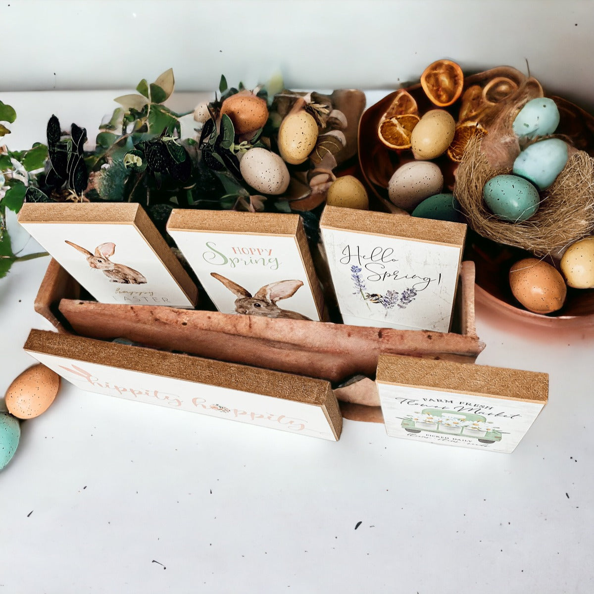 Hippity Hoppity Bunny Easter Home Decor Set Watercolor Bunny Sign Spring Mantel Rustic Farmhouse BandsCo Straps