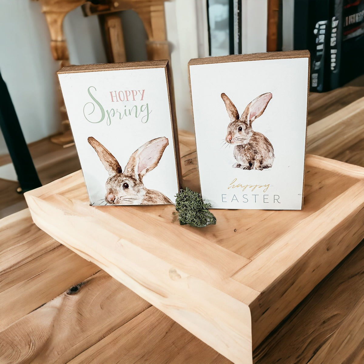 Hippity Hoppity Bunny Easter Home Decor Set Watercolor Bunny Sign Spring Mantel Rustic Farmhouse BandsCo Straps