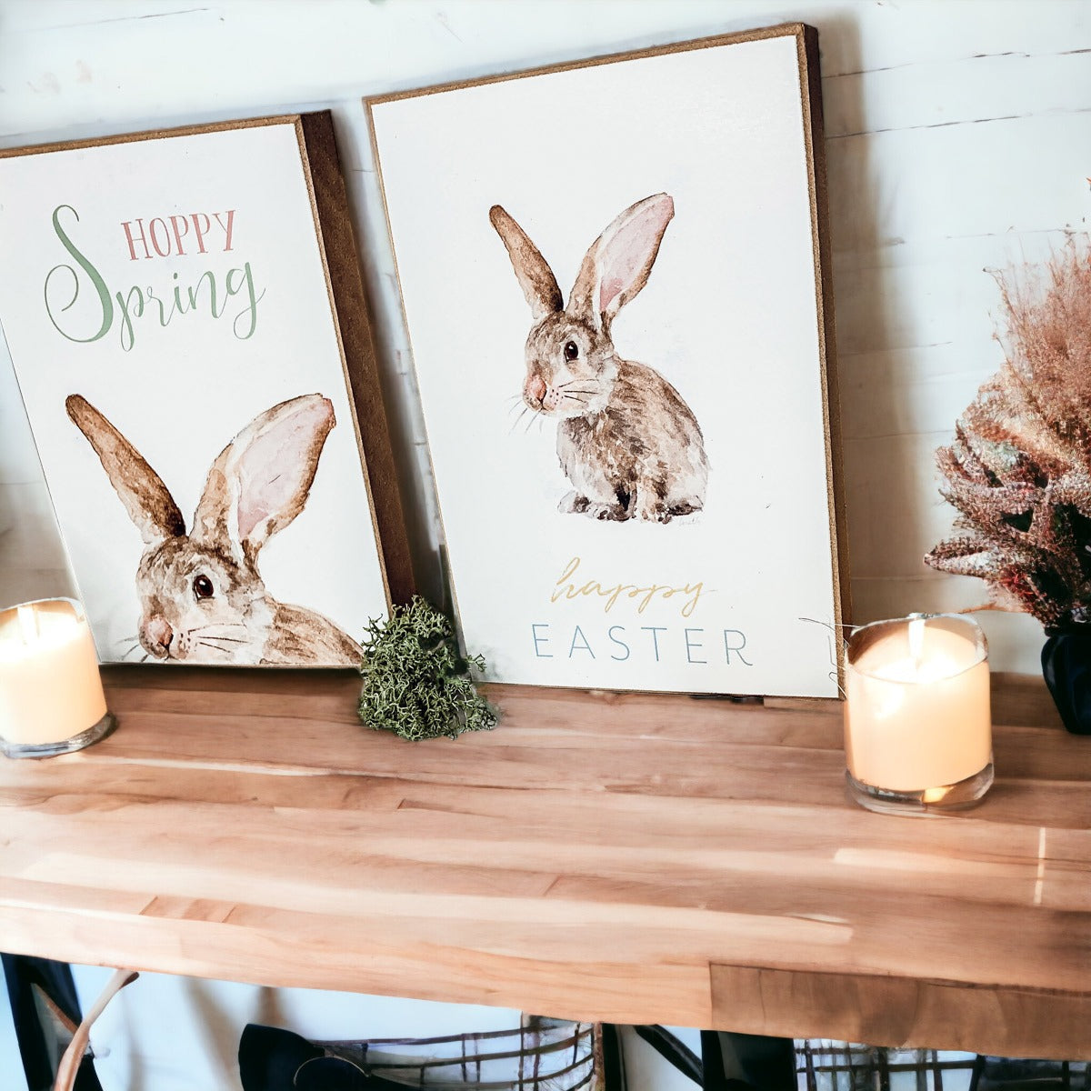 Hippity Hoppity Bunny Easter Home Decor Set Watercolor Bunny Sign Spring Mantel Rustic Farmhouse BandsCo Straps