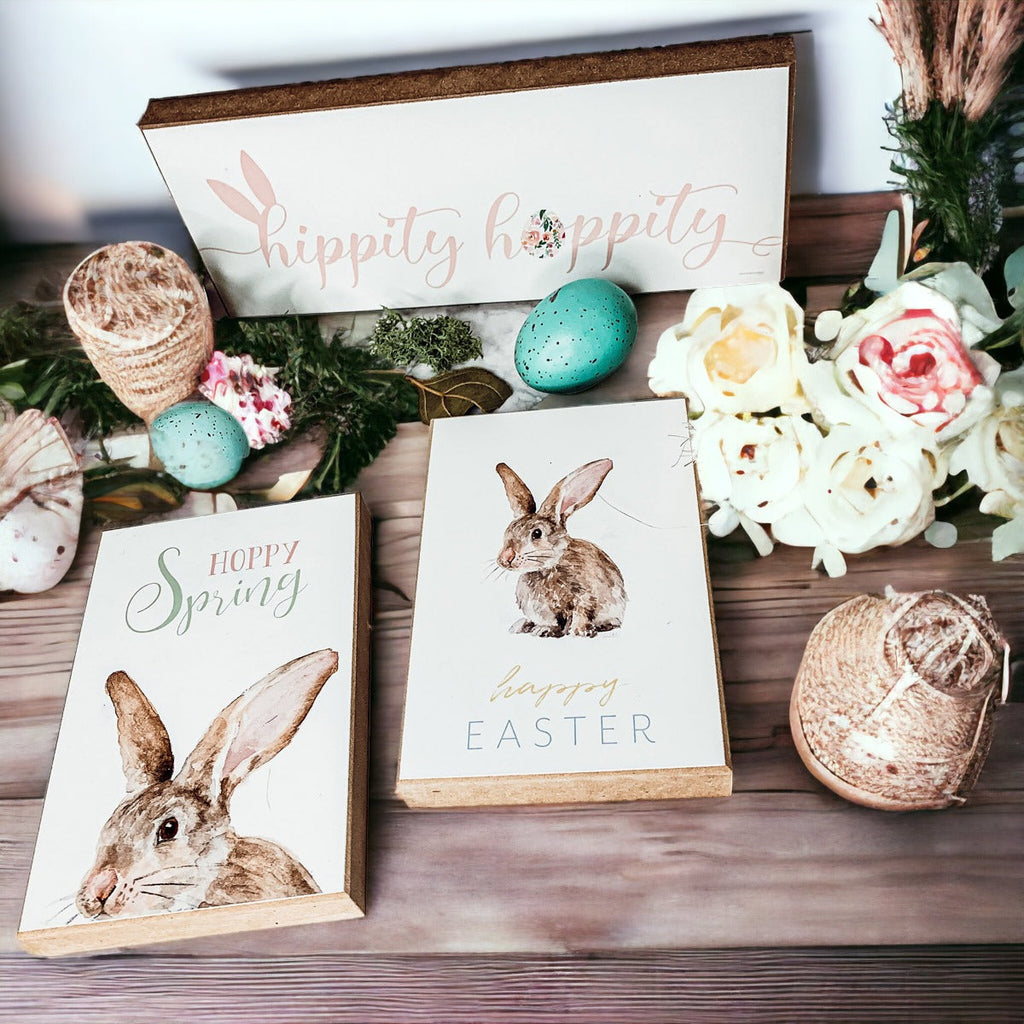 Hippity Hoppity Bunny Easter Home Decor Set Watercolor Bunny Sign Spring Mantel Rustic Farmhouse BandsCo Straps