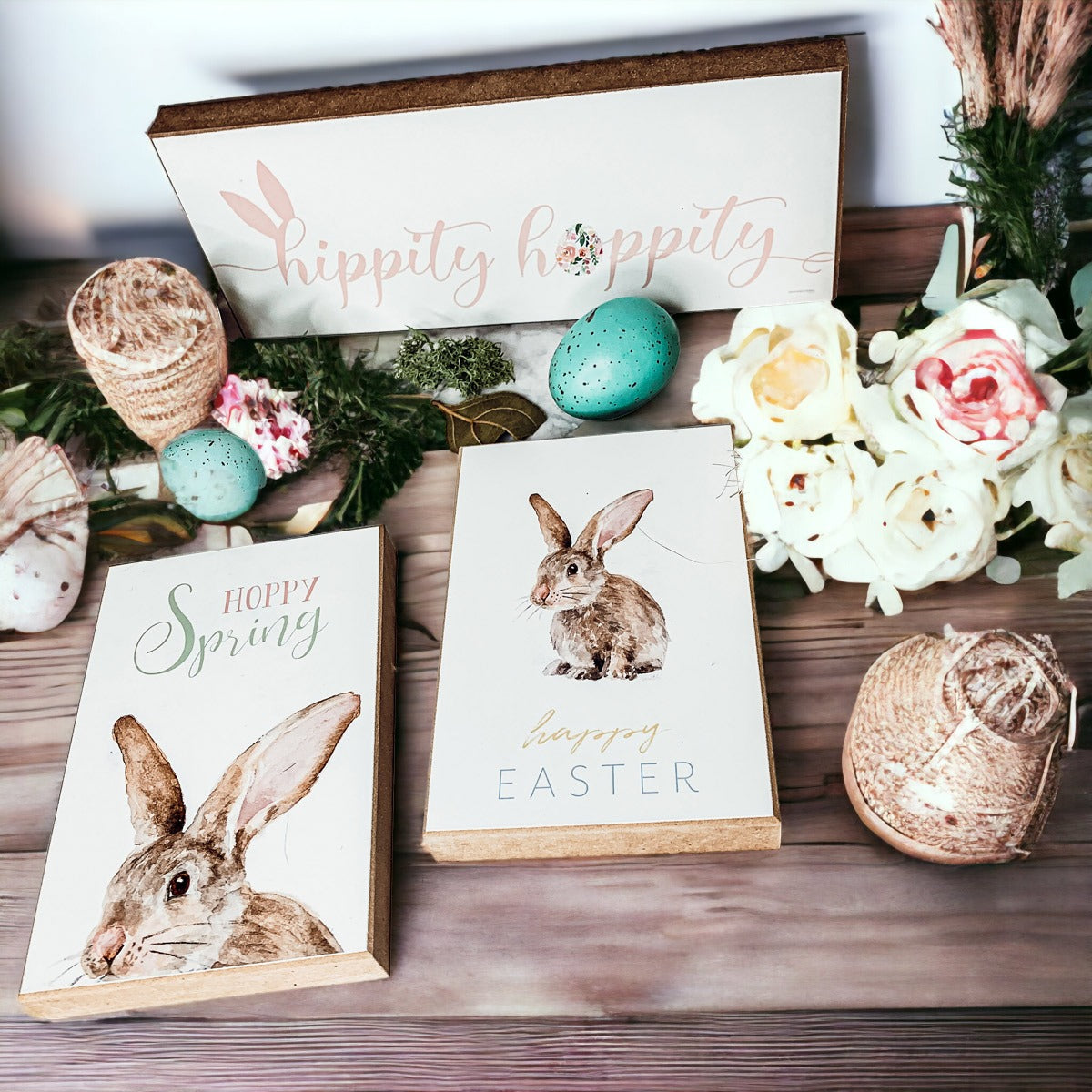 Hippity Hoppity Bunny Easter Home Decor Set Watercolor Bunny Sign Spring Mantel Rustic Farmhouse BandsCo Straps