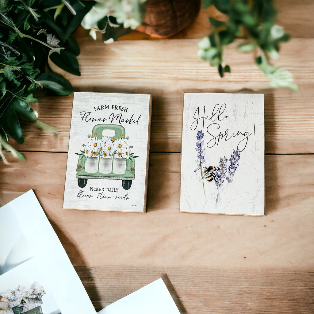 Hello Spring Wooden Block Sign Rustic Farmhouse Shelf Tabletop Decor BandsCo Straps