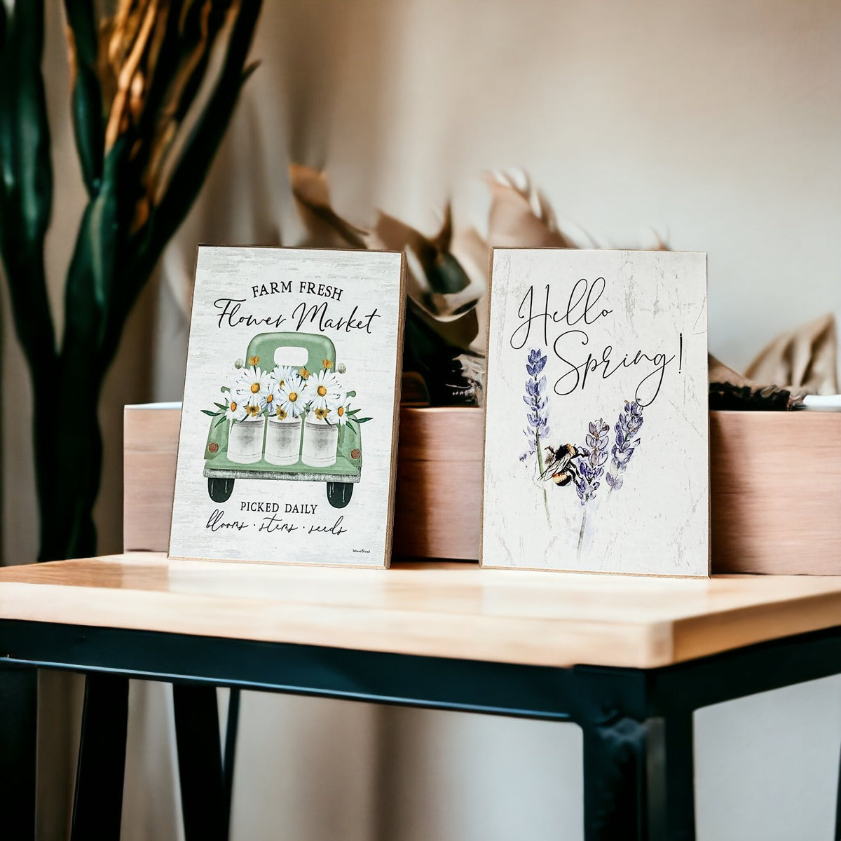 Hello Spring Wooden Block Sign Rustic Farmhouse Shelf Tabletop Decor BandsCo Straps