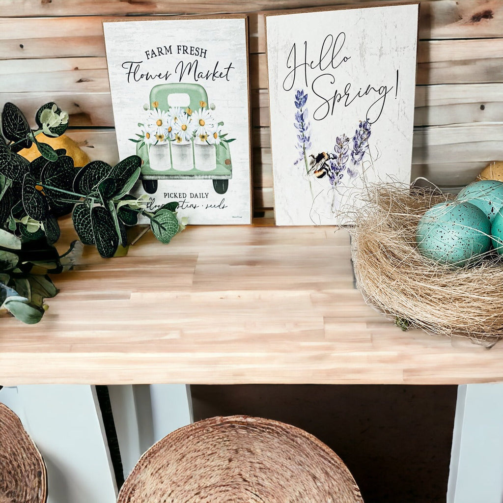Hello Spring Wooden Block Sign Rustic Farmhouse Shelf Tabletop Decor BandsCo Straps