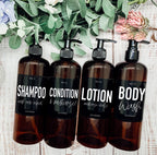 16oz Amber Refillable Plastic Bullet Bottle Black Label Dispenser BandsCo Straps