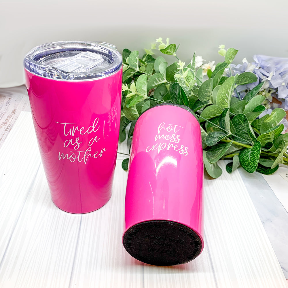 Hot Mess Pink 18oz Stainless Steel Travel Mug Vacuum Insulated Coffee Cup BandsCo Straps