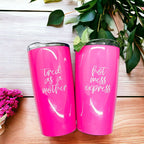 Pink Travel Mug 18oz Stainless Steel Tired As A Mother Insulated Coffee Tumbler Gift For Mom BandsCo Straps