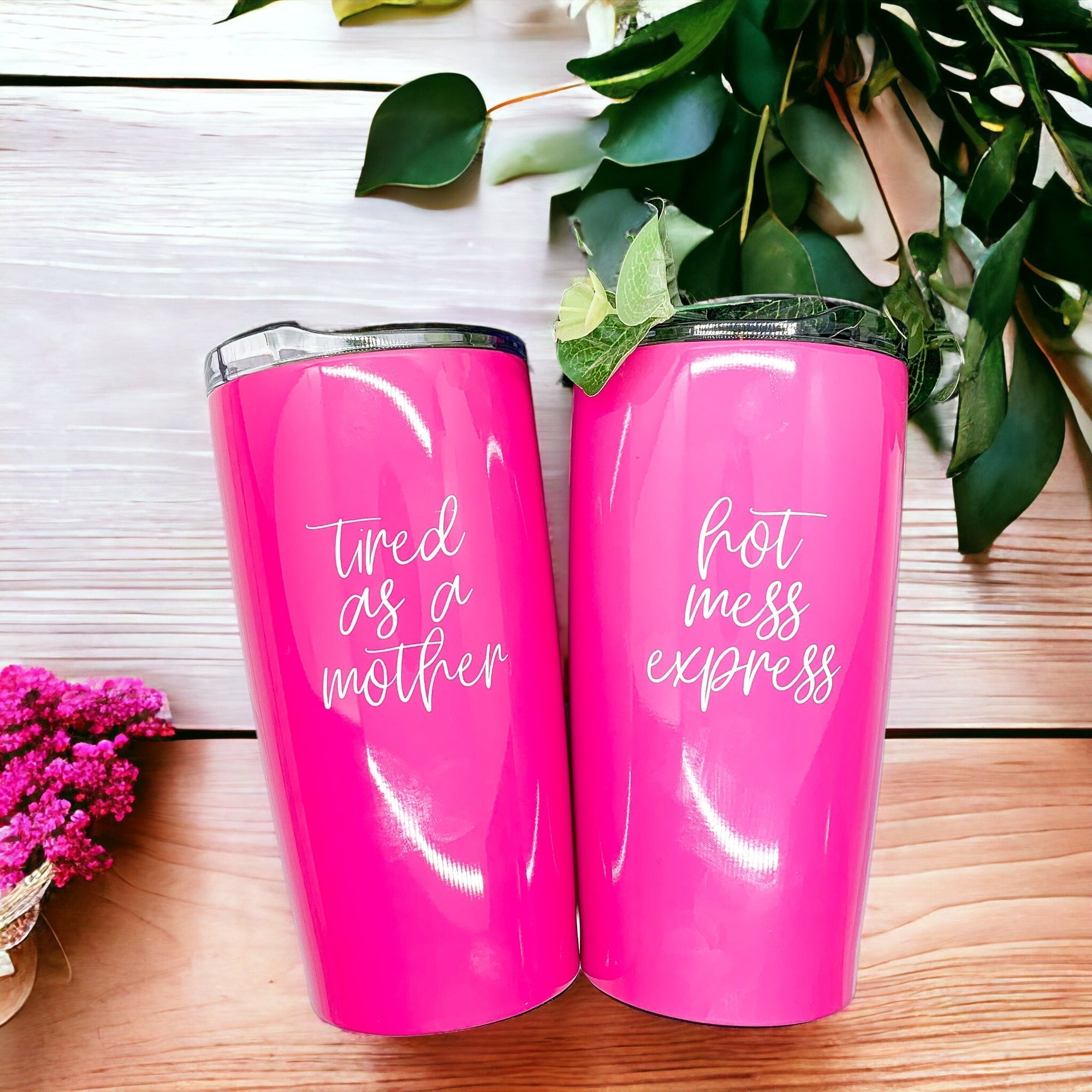 Hot Mess Pink 18oz Stainless Steel Travel Mug Vacuum Insulated Coffee Cup BandsCo Straps