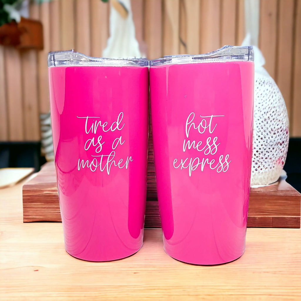 Hot Mess Pink 18oz Stainless Steel Travel Mug Vacuum Insulated Coffee Cup BandsCo Straps