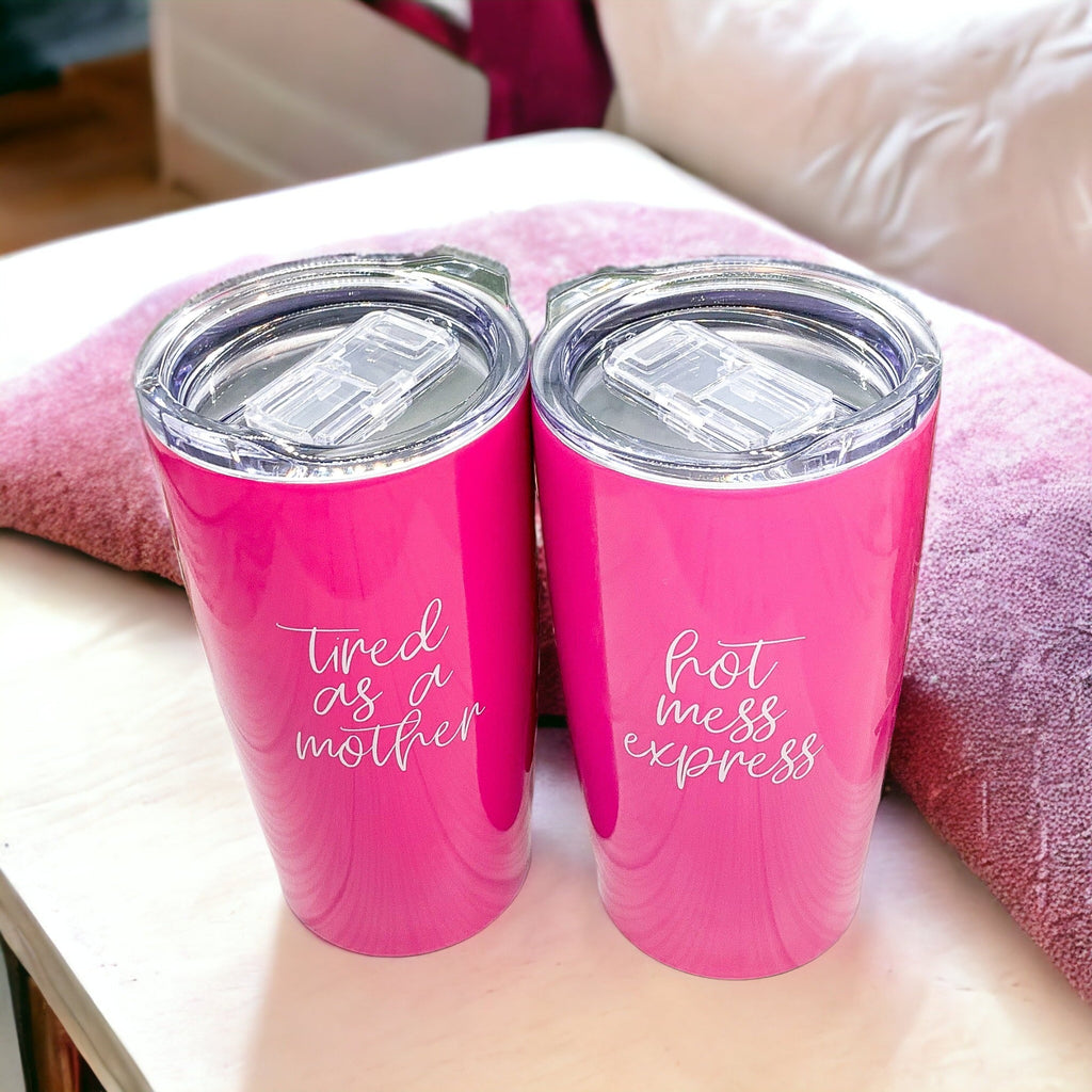 Hot Mess Pink 18oz Stainless Steel Travel Mug Vacuum Insulated Coffee Cup BandsCo Straps