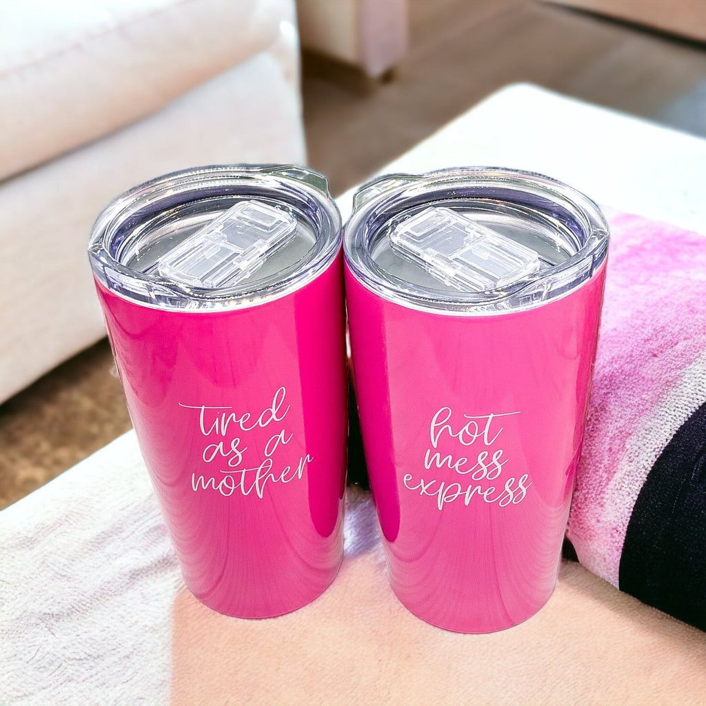 Hot Mess Pink 18oz Stainless Steel Travel Mug Vacuum Insulated Coffee Cup BandsCo Straps