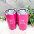 Pink Travel Mug 18oz Stainless Steel Tired As A Mother Insulated Coffee Tumbler Gift For Mom BandsCo Straps