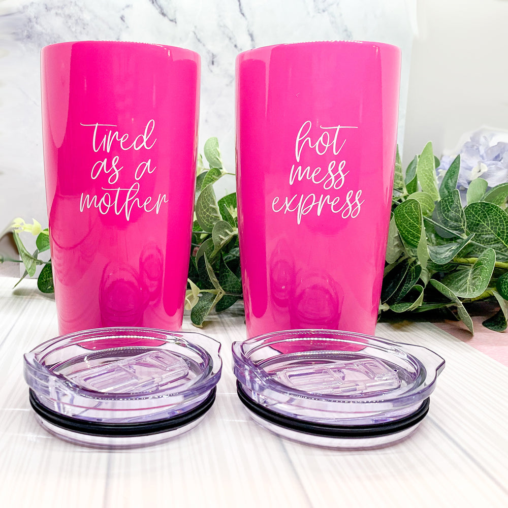Hot Mess Pink 18oz Stainless Steel Travel Mug Vacuum Insulated Coffee Cup BandsCo Straps