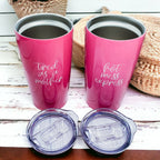 Pink Travel Mug 18oz Stainless Steel Tired As A Mother Insulated Coffee Tumbler Gift For Mom BandsCo Straps