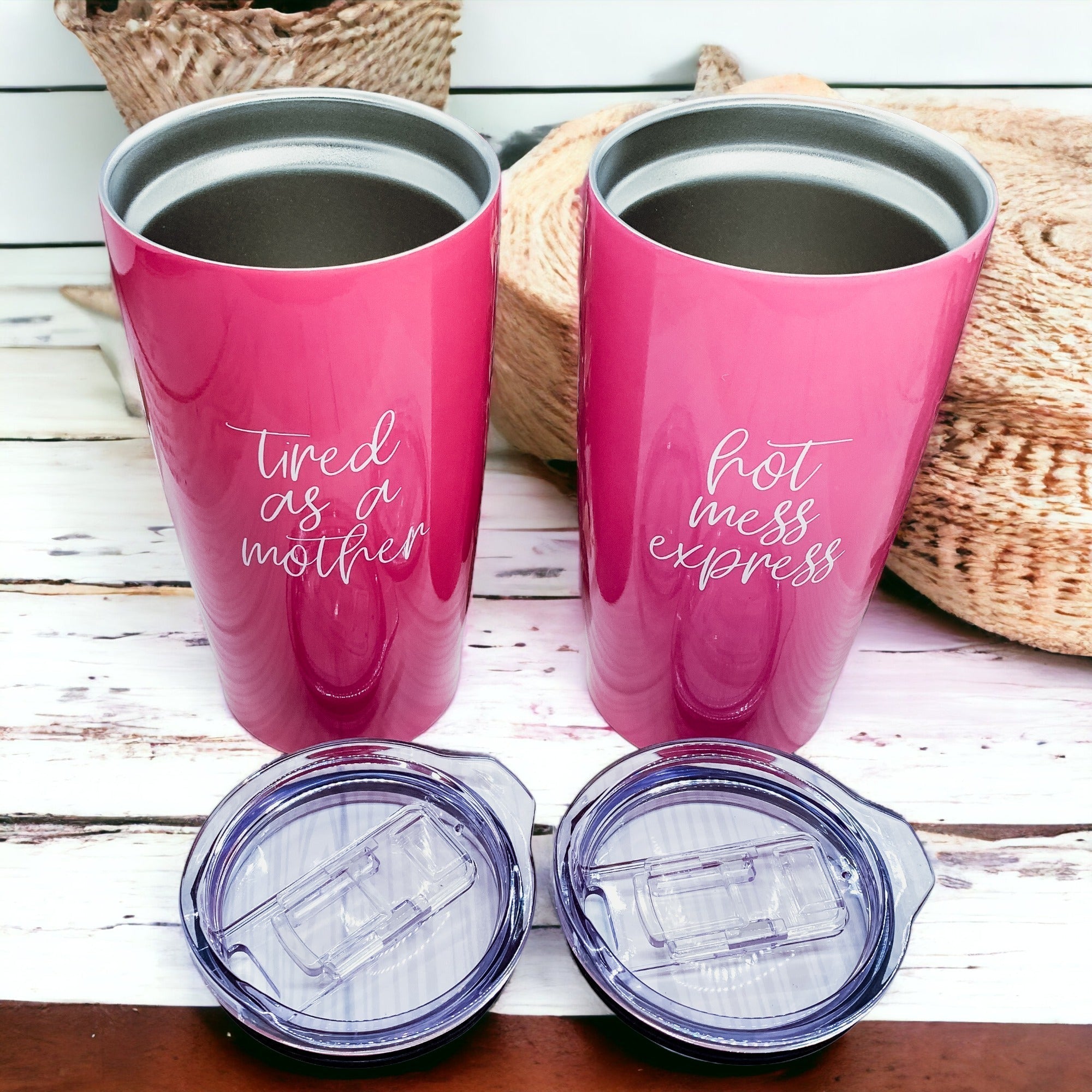 Pink Travel Mug 18oz Stainless Steel Tired As A Mother Insulated Coffee Tumbler Gift For Mom BandsCo Straps