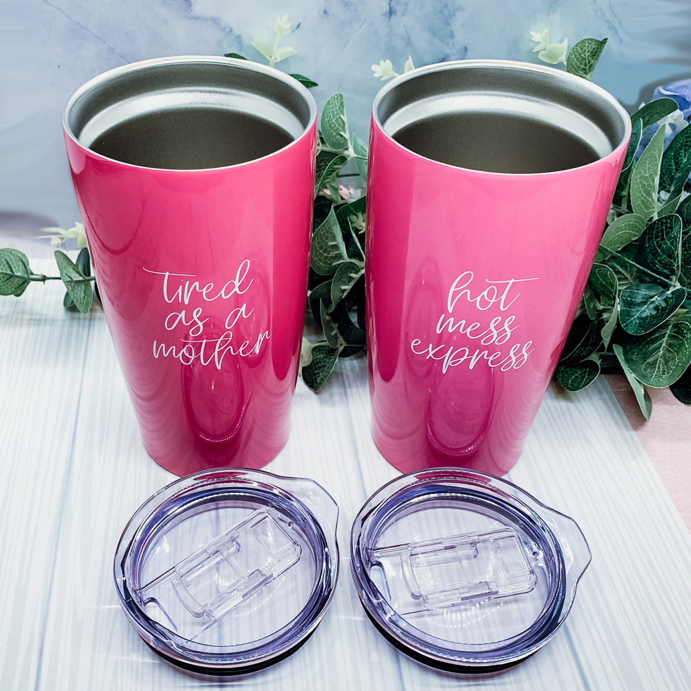 Hot Mess Pink 18oz Stainless Steel Travel Mug Vacuum Insulated Coffee Cup BandsCo Straps